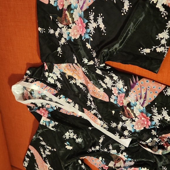 Costume kimono jacket geisha black with peacocks bow barrette belt Halloween 5XL - Picture 7 of 12